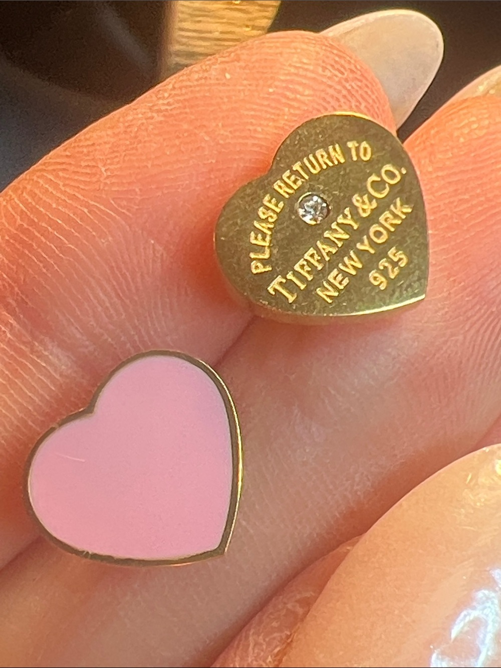 Heart Double Stud Earrings in Pink Enamel and Gold